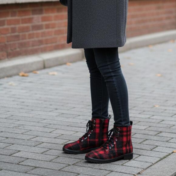Kate Spade Jemma Black & Red Plaid Sparkle Glitter Combat Boots NWT - Picture 1 of 7